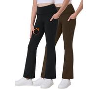 Desol Paquete de 2 leggings acampanados con forro polar para niñas con bolsillos, pantalones de yoga de cintura alta, pantalones térmicos de invierno, Negro/Caqui, 11-12 años