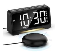 Despertador con Vibración, Despertador Extra Fuerte con Agitador de Cama, Reloj Digital de Mesilla, con 2 Alarmas y Modo Fin de Semana, Brillo y Sonidos Regulables, Gran Pantalla LED