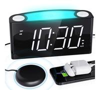 Despertador con vibración para personas con sueño profundo y con discapacidad auditiva, cargador tipo C, 12/24 h, despertador fuerte con luz nocturna de 7 colores, pantalla LED grande, regulador