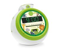 Metronic 477030 - Radio Reloj Despertador Digital para niños, con Reloj proyector Techo para Leer la Hora, diseño Infantil Verde Jungla con Animales de la Selva, Doble Alarma Radio FM, Toma USB
