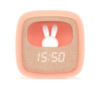 Despertador y Luz Nocturna para Niños Billy Clock con Conejo - Tela y Silicona Soft-Touch - Programación Fecha, Hora y 2 Alarmas - Brillo Ajustable - Rosa- Mob