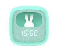 Despertador y Luz Nocturna para Niños Billy Clock con Conejo - Tela y Silicona Soft-Touch - Programación Fecha, Hora y 2 Alarmas - Brillo Ajustable - Azul - Mob