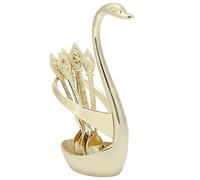 Dessert Spoons Set with Swan Holder | 6 Stainless Steel Coffee Spoons & Elegant Stand | Gold/Red Bronze Tableware for Home/Cafe/Party (Golden Cygnus + 6 Spoons)