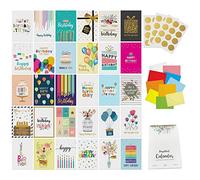 Dessie 30 tarjetas únicas de feliz cumpleaños, 30 tarjetas de cumpleaños de lámina dorada a granel con mensaje en el interior. 32 sobres blancos y de colores, calendario de cumpleaños perpetuo y