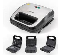 DESSINO Sandwichera 3 en 1, 3 Juegos de Placas Desmontables Antiaherentes e intercambiables para Gofres, Panini y Bocadillos, Fácil limpieza, Asa de Tacto Frío, 750W,Color Negro