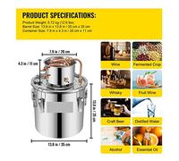 Destilador de 3/5/8 Gal Alambic Moonshine Alcohol todavía acero inoxidable cobre DIY Home Brew agua vino esencial Kit elaboración aceite Resistente a la Corrosión(30L)