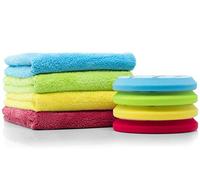 Detailmate Car Polish Set - Almohadillas de polier Menzerna: Corte Pesado (Rojo) Corte Medio (Amarillo) Acabado (Verde) Cera (Azul) 150 mm / 6.0 "+ 4X Paño de Microfibra para pulir 40x40 cm, 550 gsm