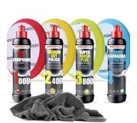 detailmate Juego de abrillantador de coche Menzerna Super Heavy Cut Compund HC1000 + Medium Cut 2400 + Super Finish Plus SFP3800 + cera líquida de carnauba + 4 almohadillas Menzerna a juego + paño de