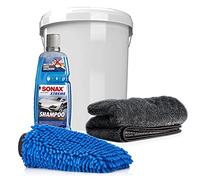 detailmate Juego de lavado para coche y moto Sonax 2 en 1, champú de 1 L, cubo de lavado con tapa a juego, guante de microfibra de chenilla y paño seco absorbente, 50 x 80 cm, 1000 g/m²