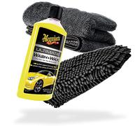 detailmate Juego de lavado y secado de coche Meguiars Wash & Wax champú 473 ml + guante de lavado de chenilla + paño seco 1000 GSM - para el lavado de coche ideal