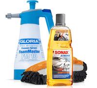 detailmate Juego de sellado de espuma para lavado de coche Sonax Xtreme Foam and Seal, 1 litro, pulverizador de mano Gloria FM10 y guante de lavado de microfibra profesional 3 en 2.