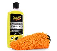 detailmate Meguiars - Set de lavado y cuidado para el lavado de manos óptimo: juego de lavado estándar con champú Meguiars Wash & Wax para coche de microfibra de coral de chenilla naranja de 473 ml.