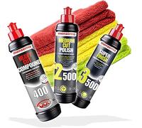 Detailmate Menzerna Juego de abrillantador de coche, 250 ml: Heavy Cut Compound 400, Medium Cut 2500, Super Finish SF3500, 3 paños de microfibra de 40 x 40 cm