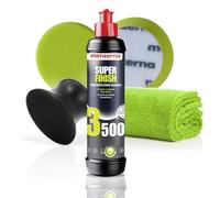 detailmate Menzerna Super Finish 3500 + Menzerna aplicador de Mano para Almohadillas de 95 mm + Almohadilla de Acabado Menzerna de 95 mm, paño de Microfibra Verde sin Bordes, 550GSM, 40x40cm
