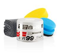 detailmate Soft99 Juego de abrillantador coche para pinturas claras - White Soft Wax, cera dura para coches con pintura blanca/clara, 300g + esponja pulido manual + gamuza microfibra 550GSM, 40x40cm