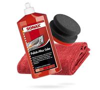 detailmate SONAX Paquete de pulido manual - SONAX Polish+Wax Color rojo 500ml, esponja de pulido manual dura Ø90/50mm sin borde, paño de pulido de microfibra 550GSM rojo