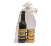 Detalle de vino Señorío de los Llanos D.O. con 4 monodosis de patés en bolsa de organza para invitados (Pack 24 ud)