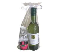 Detalle en bolsa de organza con vino Jaume Serra Penedés, mermelada de fresa y bombón Rabitos Royale para regalar (Pack 24 ud)