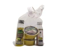 Detalle para invitados a bodas, comuniones o bautizos. Aceite vinagre y patés en bolsa de organza