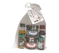 Detalle para regalar a invitados de bodas, con miniaturas de aceite de oliva, vinagre de Jerez D.O, mermeladas de cereza y de arándanos (Pack 24 ud)