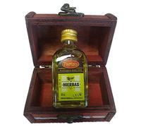 Detalles invitados botellita de licor de hierbas 5 cl en su interior con baúl miniatura de madera, detalles de bodas, bautizos y comuniones