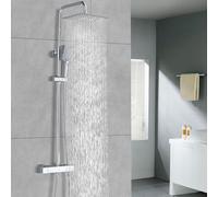 DETBOM Columna Ducha Termostática, Set de Ducha Cuadrado Acero Inox, Cabezal de Ducha de Lluvia, Barra Ducha de Altura Ajustable, Cromada
