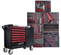 DeTec. Carro de herramientas XXL lleno de herramientas | 7 cajones equipados | carro de taller de coche con aspecto de carbono insertable | caja de herramientas para coche equipada con herramientas