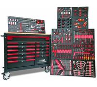 DeTec. Carro de taller equipado con herramientas | 12 cajones 11 llenos | carro de herramientas para coche con placa de trabajo de madera | caja de herramientas llena con inserto de aspecto de carbono