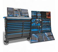 DeTec. Carro de taller XXL | Premium Line 13 cajones 11 relleno | caja de herramientas para coche llena de herramientas | cerradura (azul)