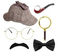 Detective Costume Accessories Set, Detective Fancy Dress Kit with Detective Hat Fake Mustache Bow Tie Pipe Glasses Round Handle Magnifier for Kids Adults Halloween Cosplay Carnival Party Outfits