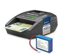 Detector de billetes falsos con 100% detección para 6 divisas EUR, GBP, CHF, PLN, CZK y SEK - 14 x 12 x 6 cm + Detectalia B1 - Batería de litio universal para detectores de billetes