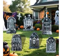 Detene Lápida Halloween, Halloween Cementerio Lápida - 6 Piezas Lápidas de Cementerio Grandes y Realistas con Estacas, Decoración Impermeable para Jardín, Patio y Fiesta (Planas, NO de espuma)