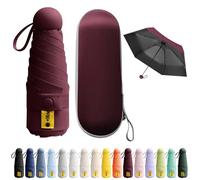 Detontek Mini paraguas de viaje plegable, mini paraguas de viaje, paraguas de bolsillo, doble propósito, compacto y portátil, con caja de almacenamiento, rojo vino, 19 cm