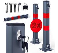 DEUBA 2x Barreras de Parking Poste Aparcamiento Abatible Acero Resistente | Plegable, Universal, Tiras Reflectantes, Buena Visibilidad, 3 Llaves por Barrera, in nclajes de Suelo