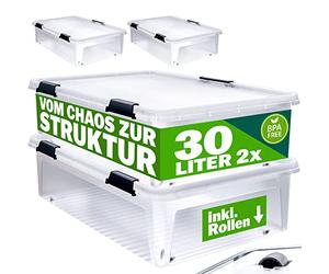 Deuba® 2X Cajas de Almacenamiento 30L Tapa Clips de Cierre Transparentes Almacenaje Juguetes Ruedas Apilable