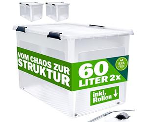 Deuba® 2X Cajas de Almacenamiento 60L Tapa Clips de Cierre Transparentes Almacenaje Juguetes Ruedas Apilable