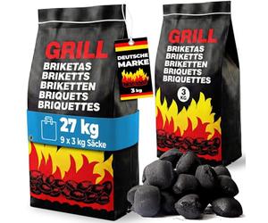 DEUBA Briquetas Carbón Vegetal Barbacoa 27kg 9x3kg Larga Duración | Brasas 30 Min, Bajo Humo, Bajas Chispas, Calor Uniforme, Baja Ceniza, Combustión Eficiente, Parrilla, Asados, Eficaz