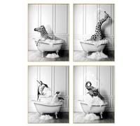 DEUXYU Juego de 4 pósteres decorativos de baño de alta calidad, tamaño A4, diseño de animales divertidos en la bañera, cuadros colgantes, póster de pared para baño, 21 x 30 cm