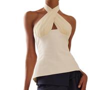 DeuYeng Camiseta sin mangas con cuello halter de verano entrecruzada para mujer, para fiesta, club, camiseta sexy sin espalda, blusa para club, blanco, S