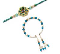 DEV SANKET Bhaiya Bhabhi Rakhi Set with Roli Chawal | Blue Designer Raksha Bandhan Couple Rakhi Combo | Premium Rakhi Gift for Bhaiya Bhabhi