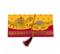DEV SANKET Mustard Yellow & Magenta Scalloped-Flap Shagun Money Envelopes with Medallion and Tassel - Pack of 10