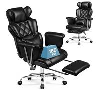 DEVAISE Silla ergonómica Oficina + Silla ejecutiva reclinable con reposapiés + Soporte Lumbar y Cuero Reciclado + Ruedas silenciosas y Acolchado Grueso + Trabajo y Estudio + Negro