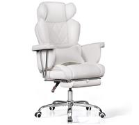 DEVAISE Silla Oficina ergonómica con reposapiés, Cuero Reciclado Premium, Soporte Lumbar Ajustable, Ruedas silenciosas, Ideal para Trabajo y hogar, Color Blanco