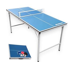 DEVESSPORT Pack Min Mesa Ping Pong Infantil 150x67x69 cm | Mini Mesa Plegable para Interior y Exterior | Incluye 2 Raquetas, 3 Pelotas y Red