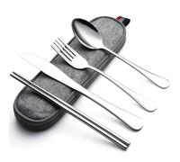 DEVICO Cubertería de camping, cubertería de viaje de acero inoxidable, juego de 5 piezas para exteriores con cuchillo, tenedor, cuchara, palillos y estuche, juego de cubiertos ideal para viajes (plata