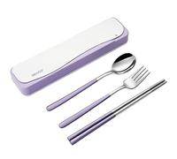 DEVICO Cubertería de viaje, cubiertos de acero inoxidable 18/8, 4 piezas cubiertos de camping con tenedor, cuchara, palillos y funda (morado)