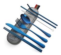 DEVICO Juego de cubiertos de viaje con funda, juego de cubiertos portátil de camping para 1, cuchillo reutilizable de acero inoxidable, tenedor, cuchara, palillos para lonchera, trabajo, picnic