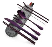 Devico - Juego de cubiertos para camping (8 piezas, incluye cuchillo, tenedor, cuchara, palillos, cepillos de limpieza, pajitas, estuche portátil, cubiertos de acero inoxidable, 8 piezas, color morado