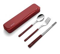 DEVICO Utensilios de viaje, 18/8 de acero inoxidable 4 piezas, juego de cubiertos portátil, campamento reutilizable, cubiertos incluye tenedor cuchara palillos con funda (rojo)