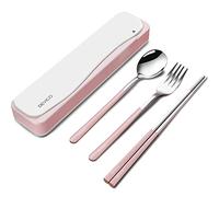 DEVICO Utensilios de viaje, acero inoxidable 18/8, 4 piezas, juego de cubiertos portátiles reutilizables para campamento, incluye tenedor, cuchara, palillos con estuche (rosa)